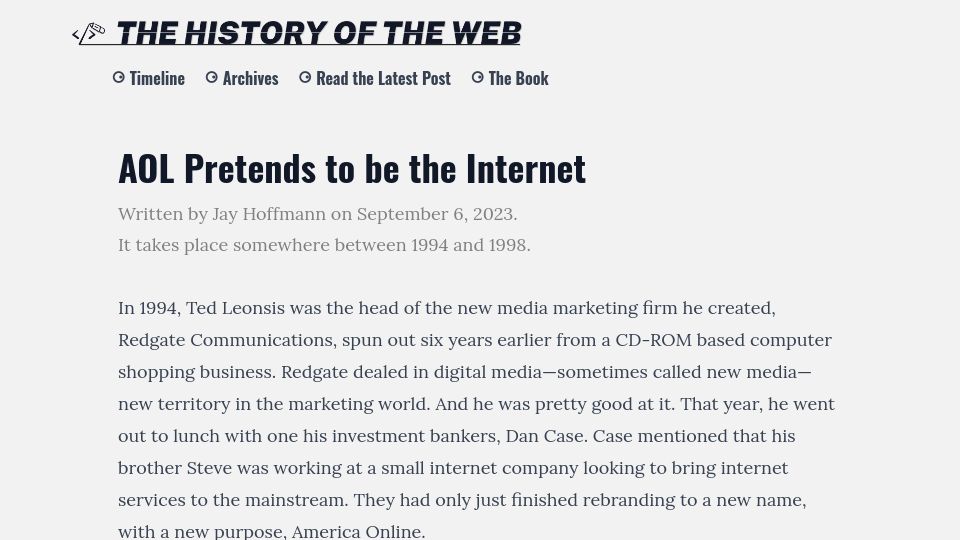 Screenshot of thehistoryoftheweb.com: AOL pretends to be the internet