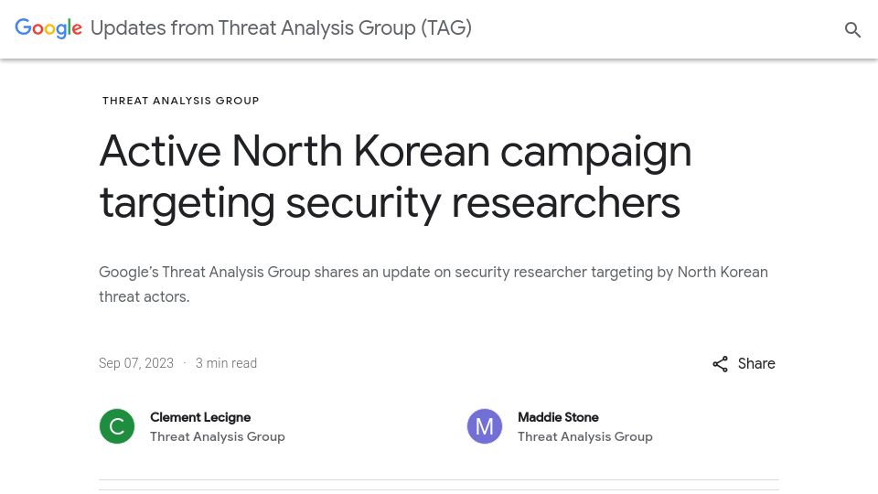 Screenshot of blog.google: North Korean campaign targeting security researchers
