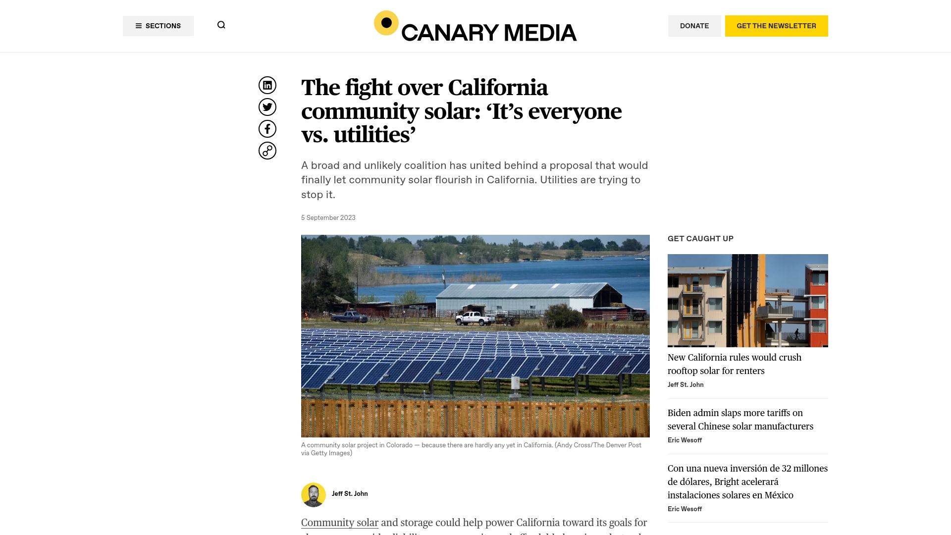 Screenshot of canarymedia.com: The fight over California community solar: ‘It’s everyone vs. utilities’