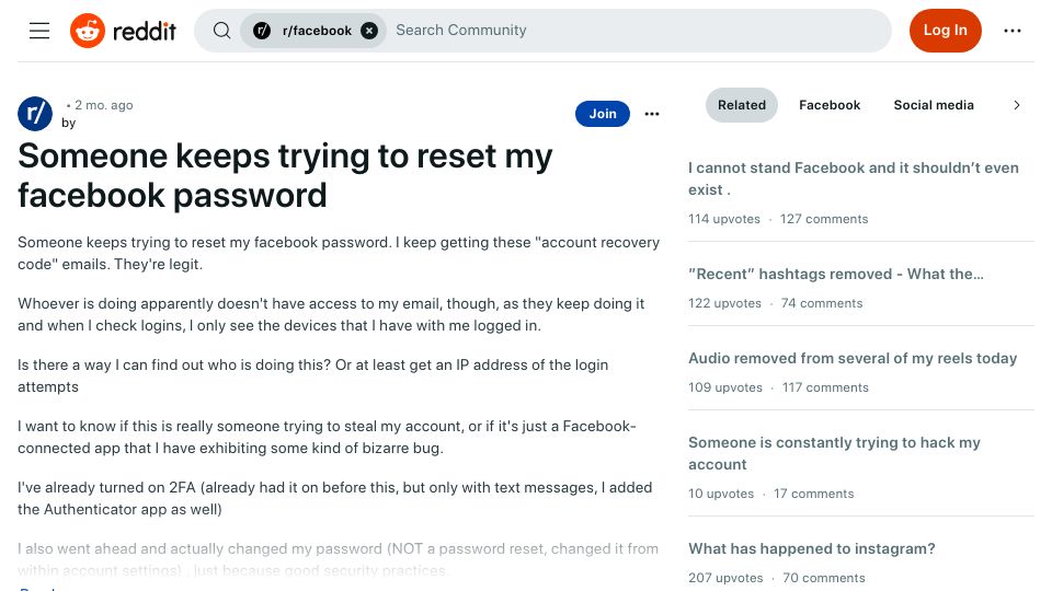 Screenshot of reddit.com: Someone keeps trying to reset my Facebook password