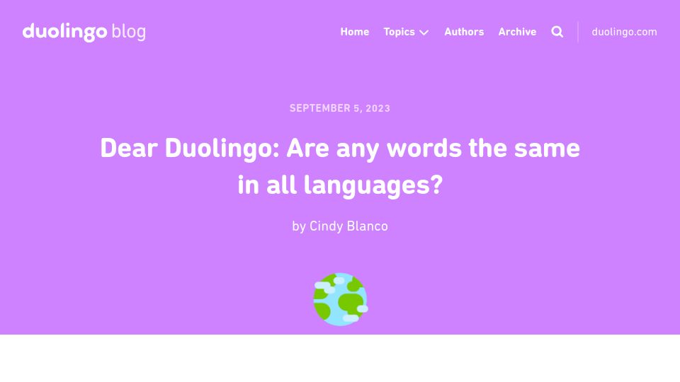Screenshot of blog.duolingo.com: Are any words the same in all languages?