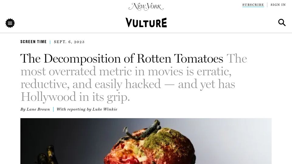 Screenshot of vulture.com: The Decomposition of Rotten Tomatoes