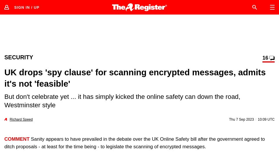 Screenshot of theregister.com: UK drops 'spy clause' for scanning encrypted messages, admits not 'feasible'