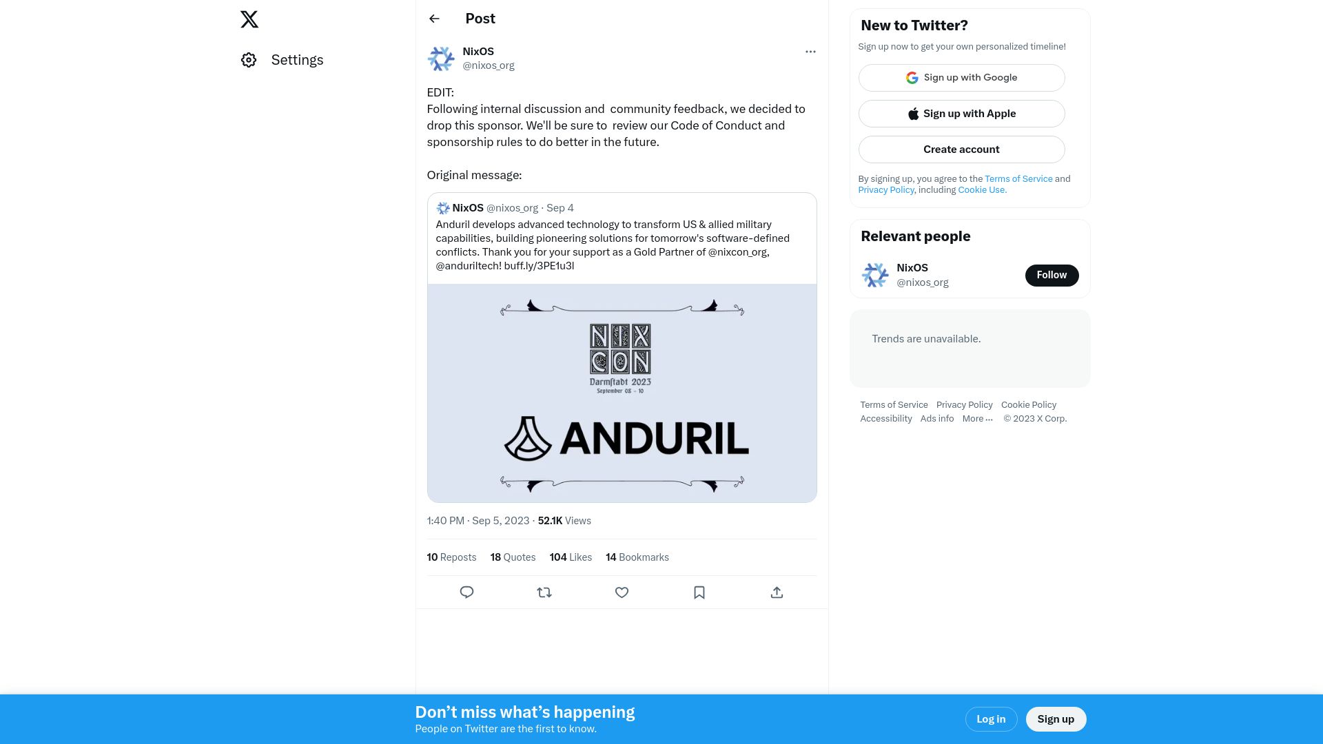 Screenshot of twitter.com: NixOS just dropped Anduril as a NixCon sponsor