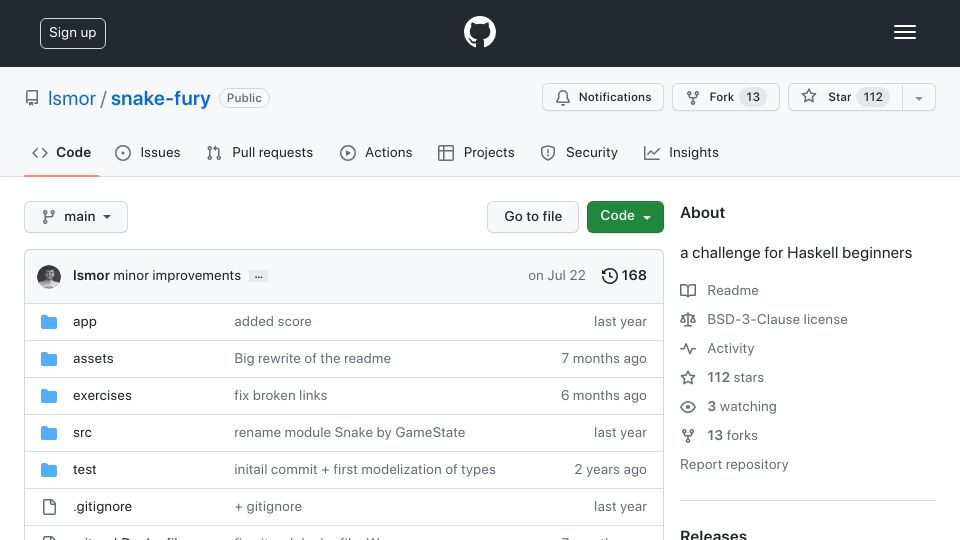 Screenshot of github.com: Snake-fury – a challenge for Haskell beginners