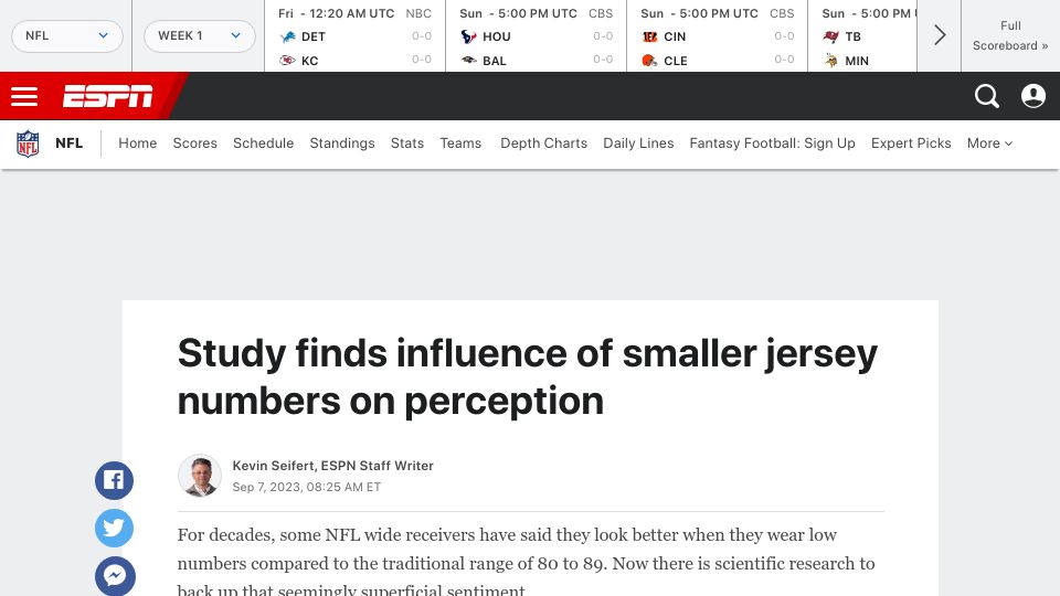 Screenshot of espn.com: Study finds influence of smaller jersey numbers on perception