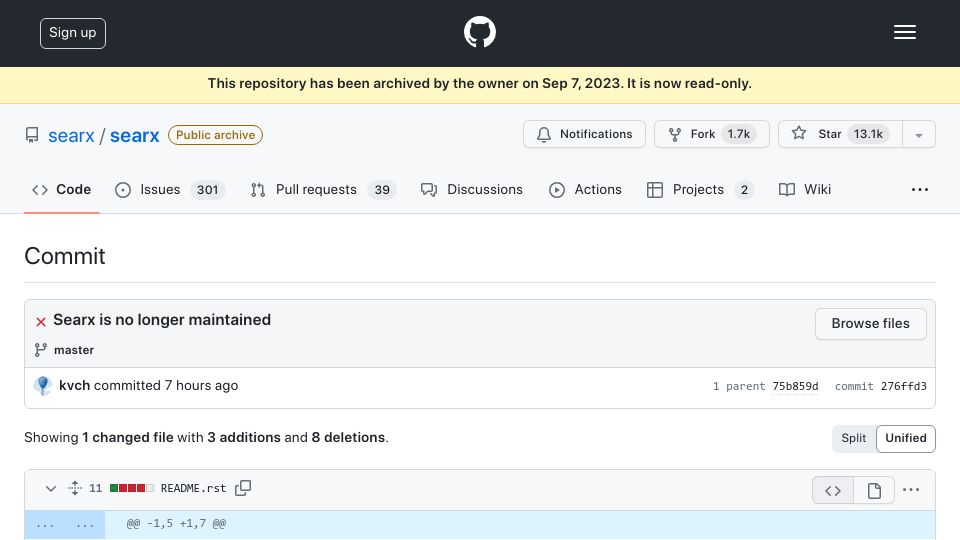 Screenshot of github.com: Searx is no longer maintained