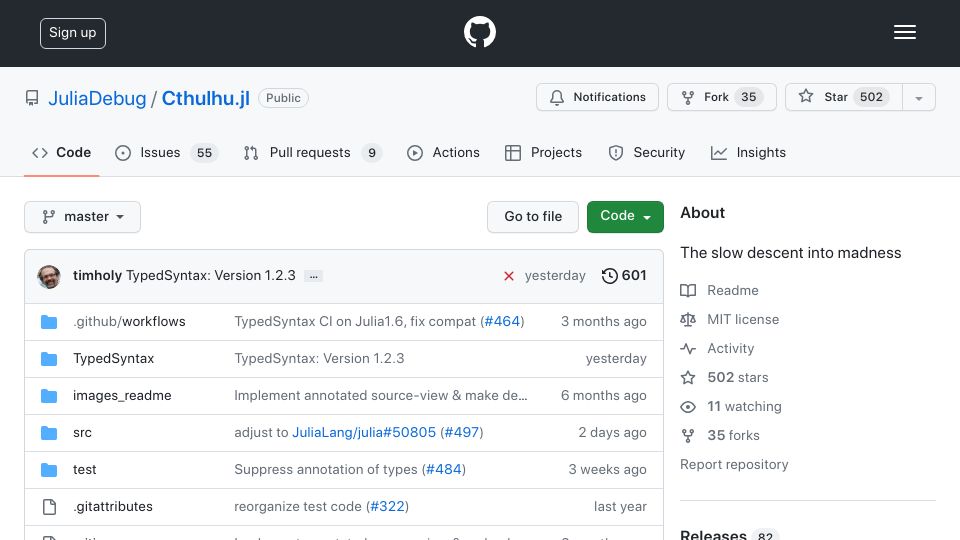 Screenshot of github.com: Cthulhu.jl – show type-inferred Julia code