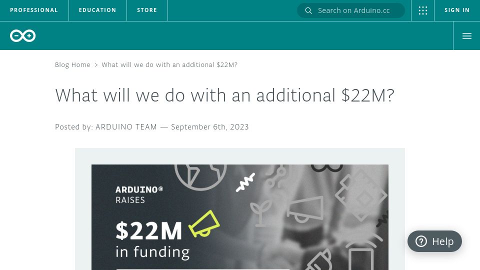 Screenshot of blog.arduino.cc: Arduino raises $22M Series B round