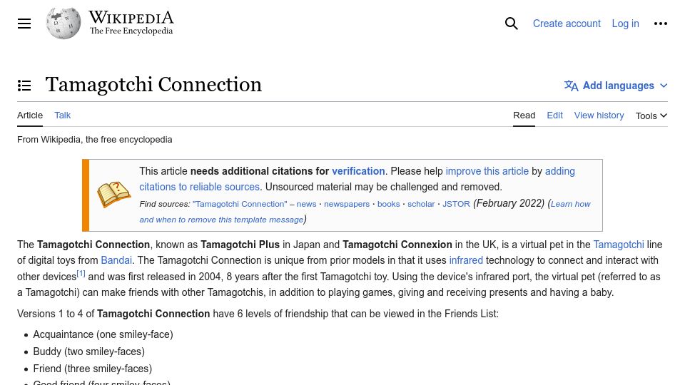 Screenshot of en.wikipedia.org: Tamagotchi Connection
