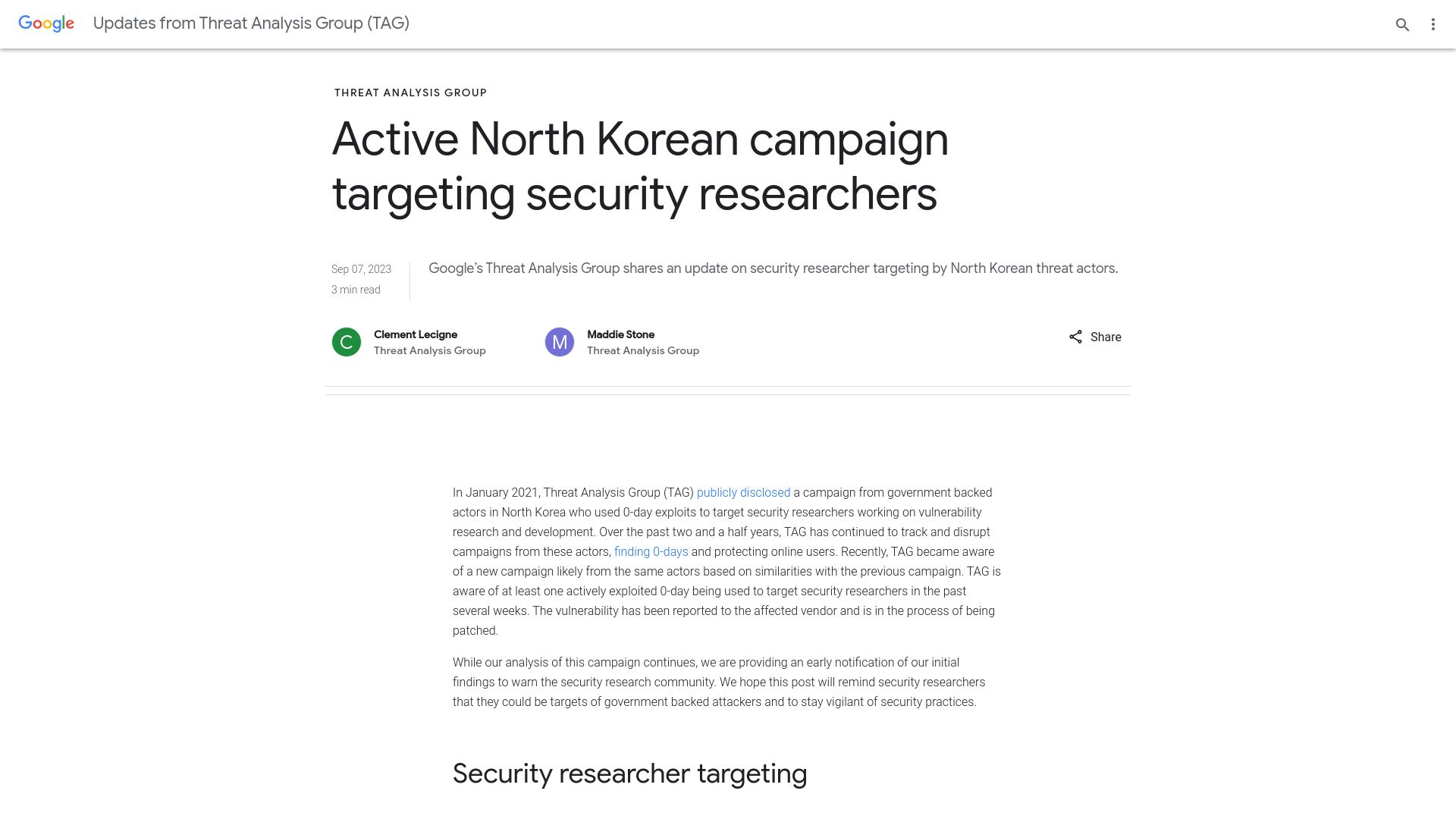 Screenshot of blog.google: North Korean campaign targeting security researchers