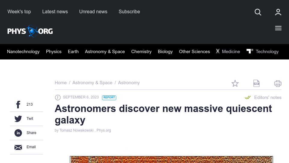 Screenshot of phys.org: Astronomers discover new quiescent galaxy