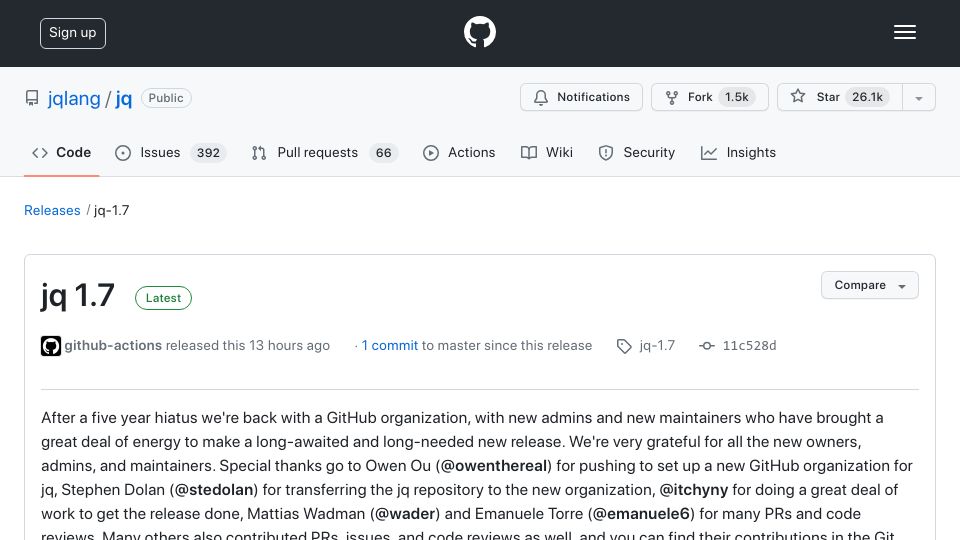 Screenshot of github.com: jq 1.7