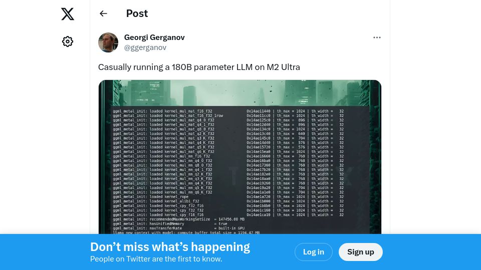 Screenshot of twitter.com: Running a 180B parameter LLM on a single Apple M2 Ultra