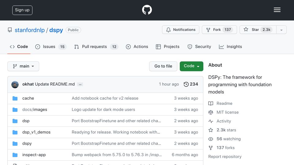Screenshot of github.com: DSPy: Framework for programming with foundation models