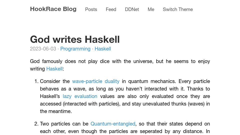 Screenshot of hookrace.net: God writes Haskell