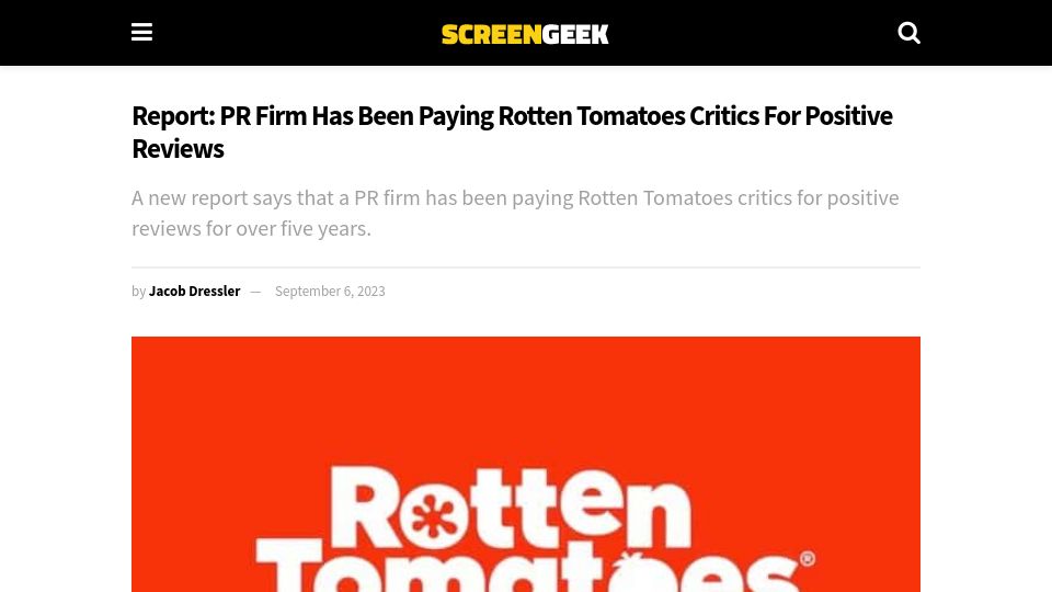 Screenshot of screengeek.net: Report says PR firm has been paying Rotten Tomatoes critics for positive reviews