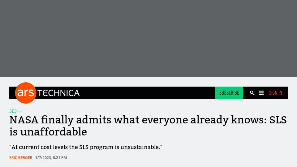 Screenshot of arstechnica.com: NASA finally admits what everyone already knows: SLS is unaffordable