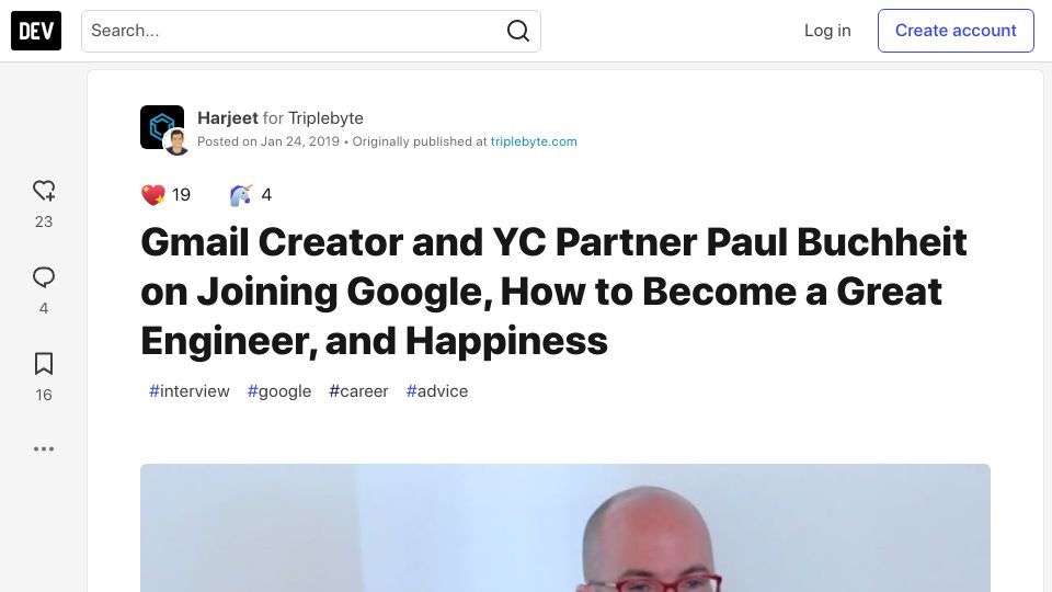 Screenshot of dev.to: Paul Buchheit interview (2018)