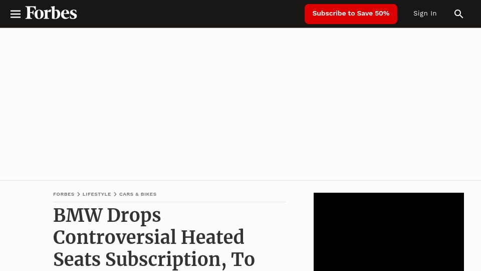 Screenshot of forbes.com: BMW Drops Controversial Heated Seats Subscription, Refocus on Software Services