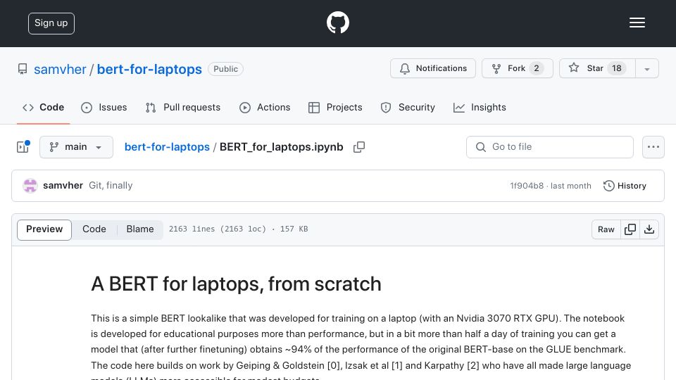 Screenshot of github.com: A BERT for laptops, from scratch