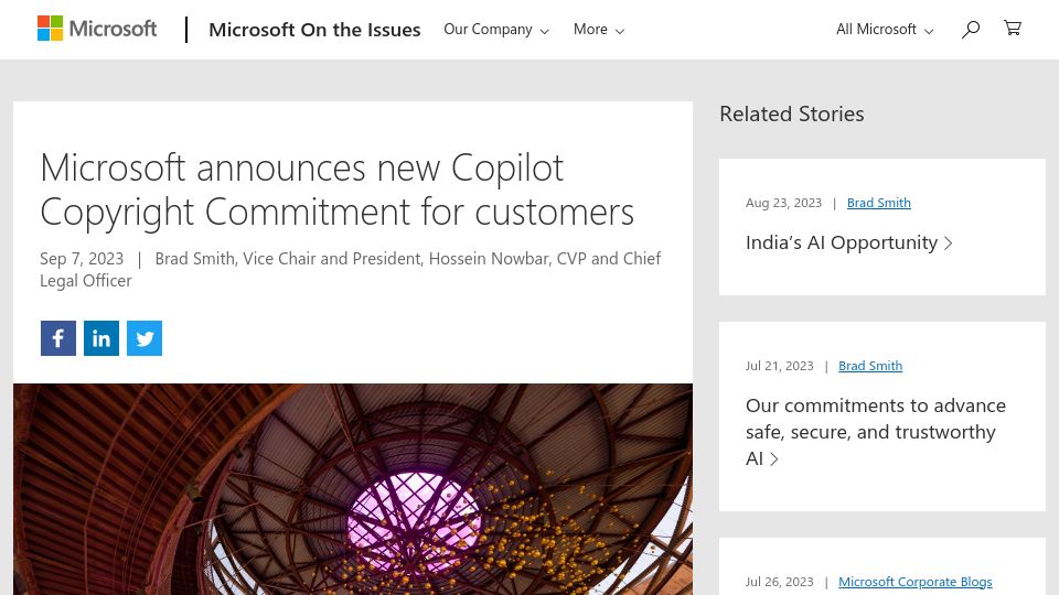 Screenshot of blogs.microsoft.com: Microsoft will assume liability for legal copyright risks of Copilot