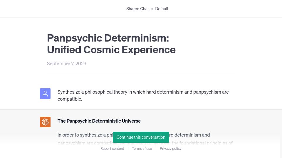 Screenshot of chat.openai.com: A philosophical theory where hard determinism and panpsychism are compatible
