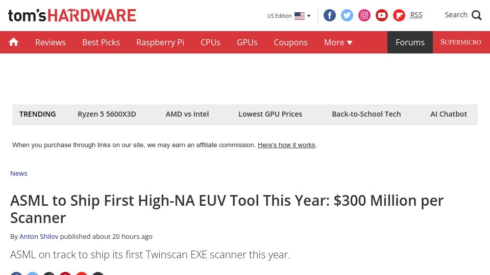 Screenshot of tomshardware.com: ASML to Ship First High-NA EUV Tool This Year: $300M per Scanner