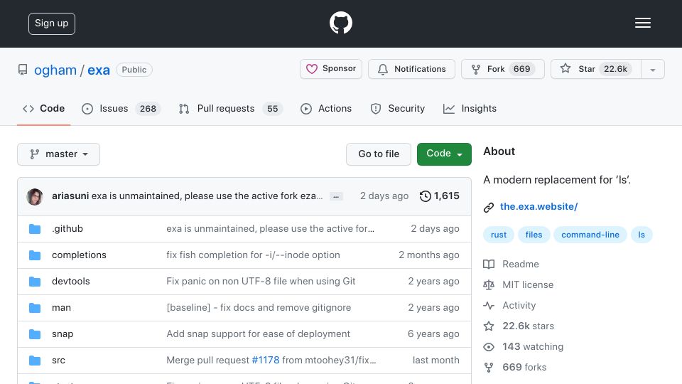 Screenshot of github.com: Exa Is Deprecated