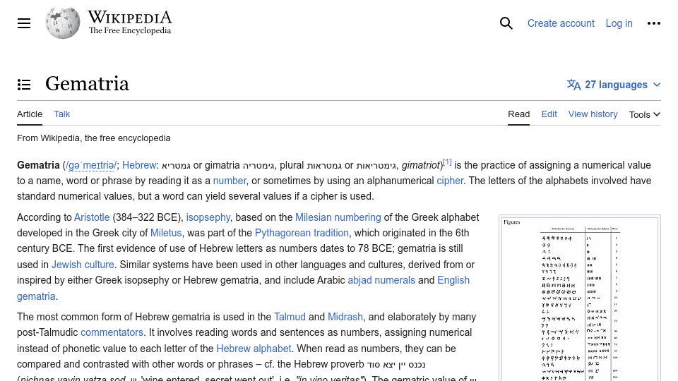Screenshot of en.wikipedia.org: Gematria