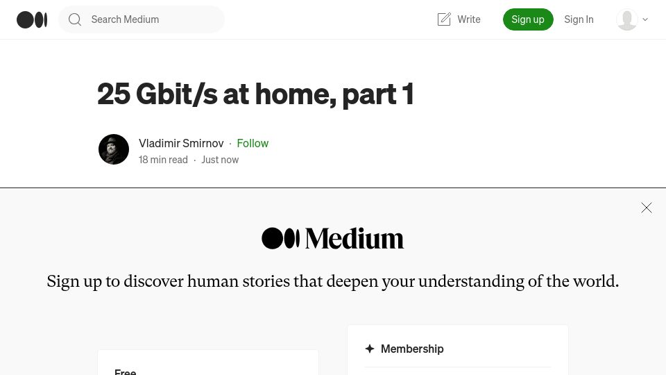 Screenshot of boredengineer.medium.com: 25 Gbit/s at home, part 1