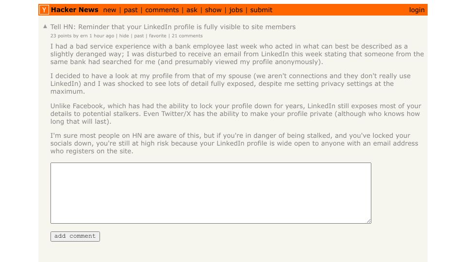 Screenshot of Hacker News post: Tell HN: Reminder that your LinkedIn profile is fully visible to site members