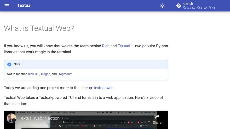 Screenshot of textual.textualize.io: Textual Web: TUIs for the Web