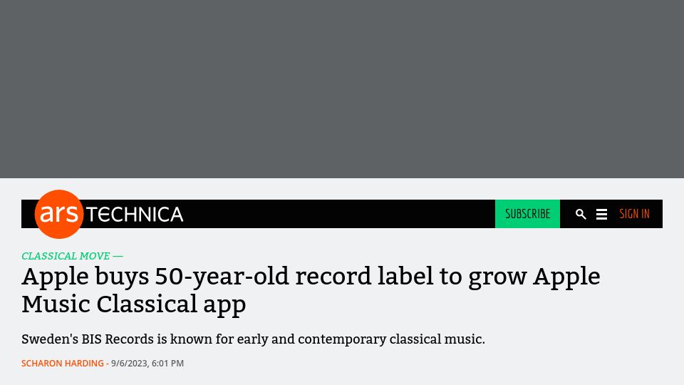 Screenshot of arstechnica.com: Apple buys 50-year-old record label to grow Apple Music Classical app
