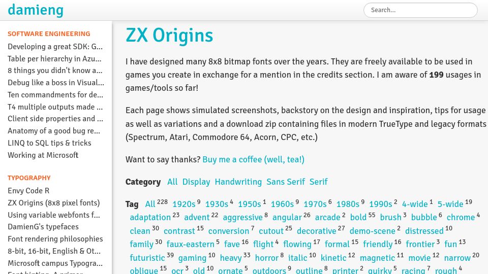Screenshot of damieng.com: ZX Origins 8x8 bitmap fonts
