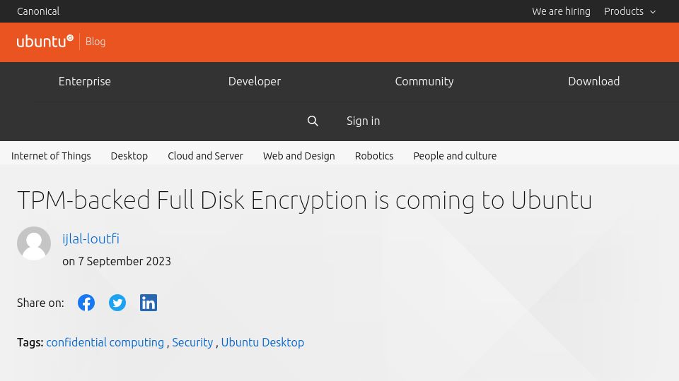 Screenshot of ubuntu.com: TPM-backed Full Disk Encryption is coming to Ubuntu