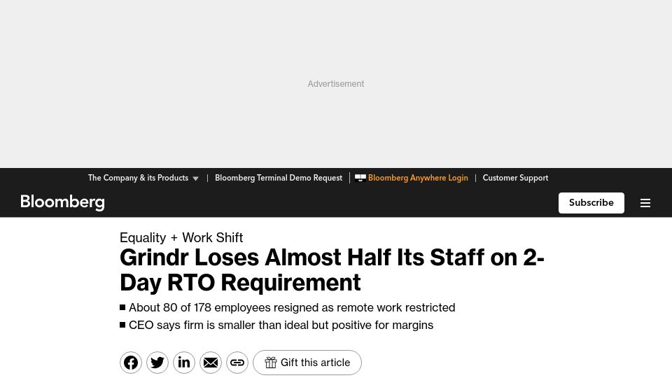 Screenshot of bloomberg.com: Grindr Loses Almost Half Its Staff on 2-Day RTO Requirement