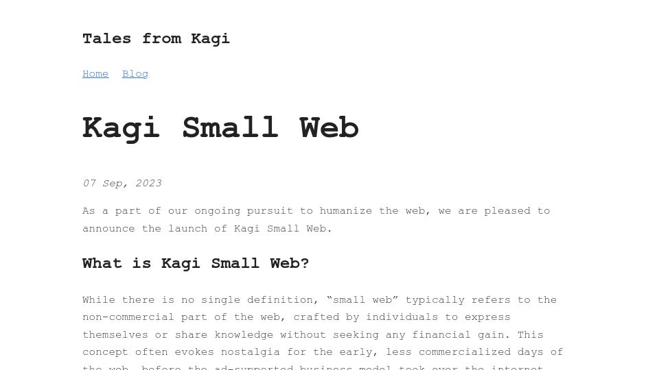 Screenshot of blog.kagi.com: Kagi Small Web