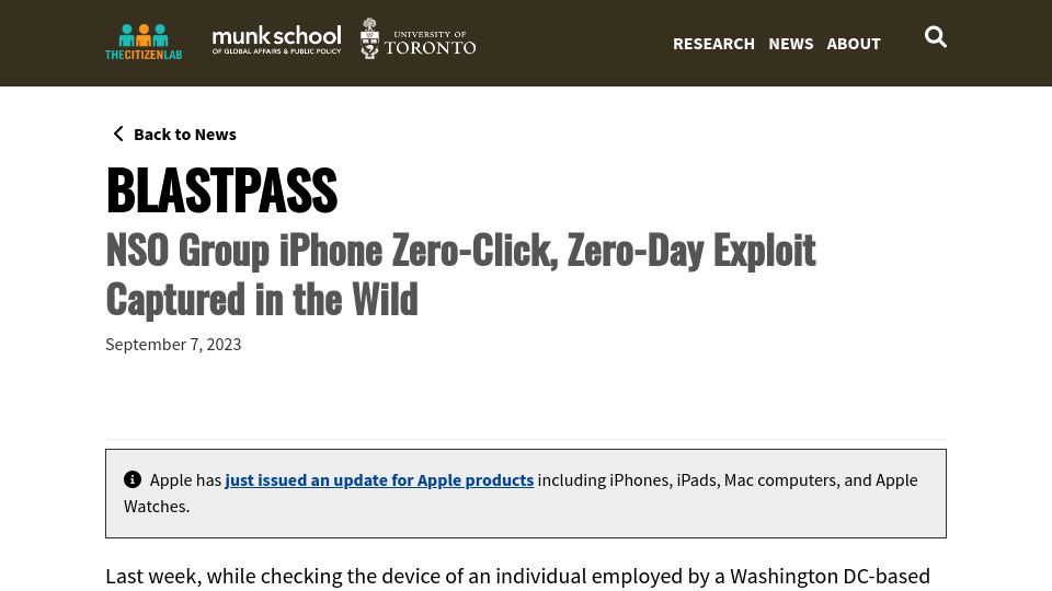 Screenshot of citizenlab.ca: NSO group iPhone zero-click, zero-day exploit captured in the wild