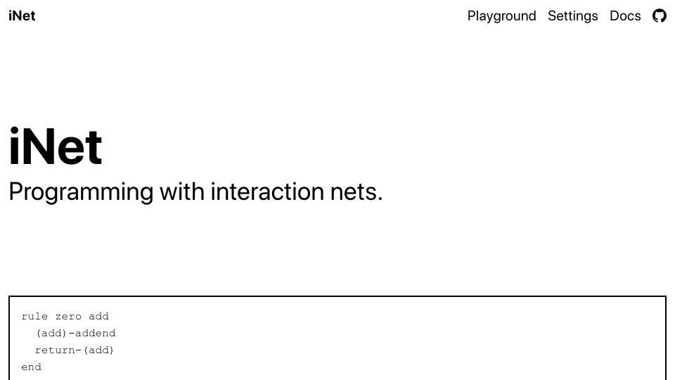Screenshot of inet.run: Show HN: iNet – A programming language for interaction nets