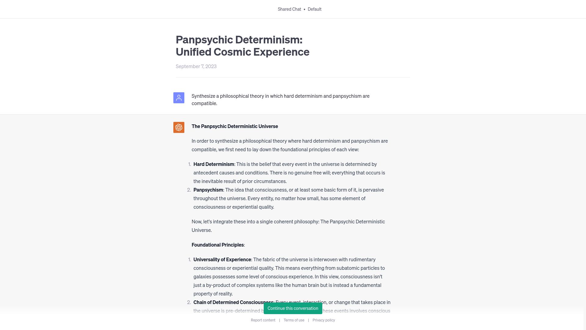 Screenshot of chat.openai.com: A philosophical theory where hard determinism and panpsychism are compatible