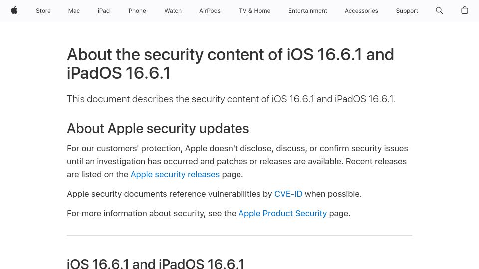 Screenshot of support.apple.com: iOS 16.6.1 fixes two vulnerabilities known to be actively exploited in the wild