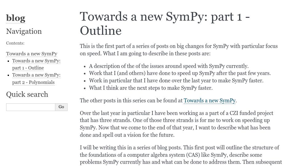 Screenshot of oscarbenjamin.github.io: Towards a new SymPy