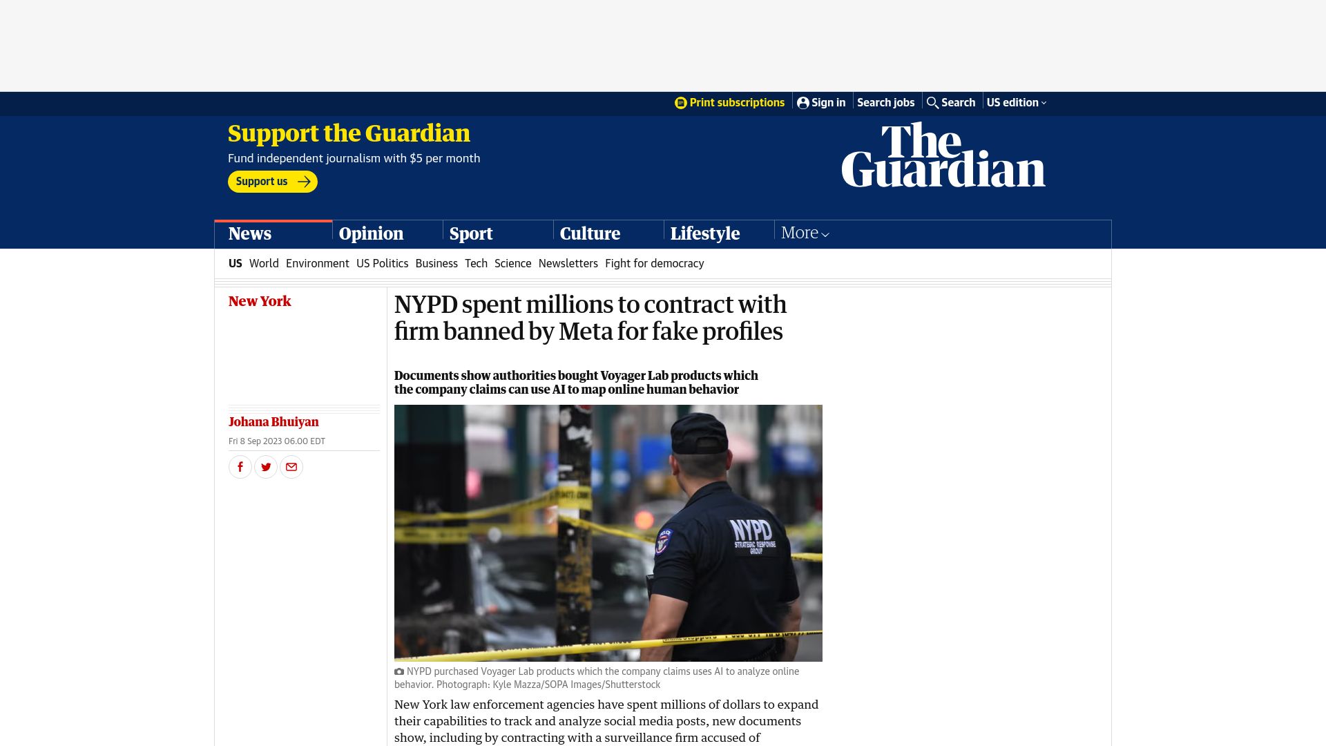 Screenshot of theguardian.com: NYPD spent millions to contract with firm banned by Meta for fake profiles