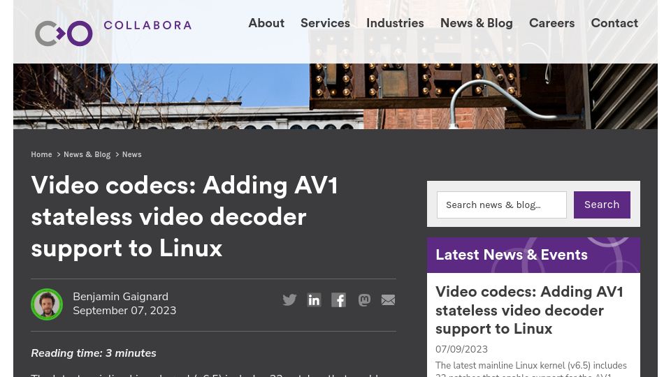 Screenshot of collabora.com: Video codecs: Adding AV1 stateless video decoder support to Linux