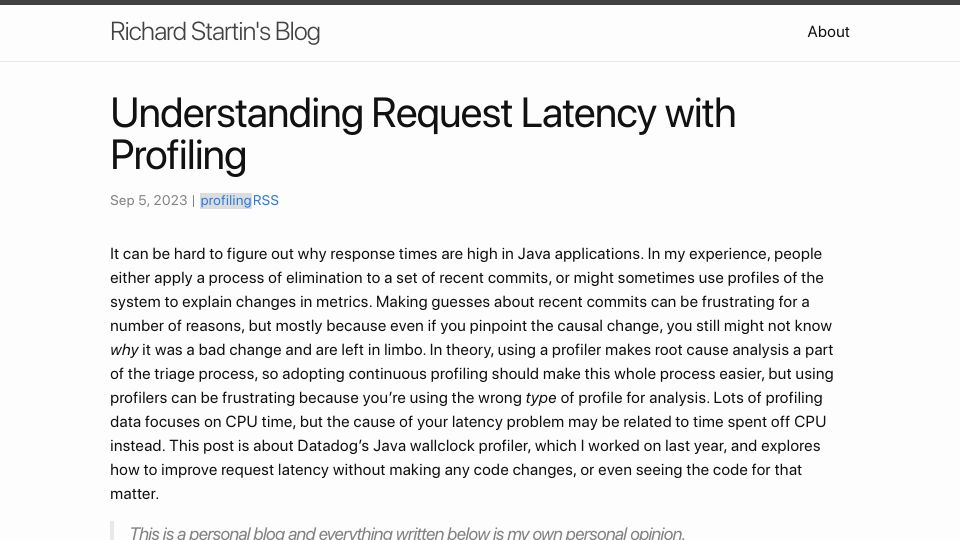 Screenshot of richardstartin.github.io: Understanding Request Latency with Profiling