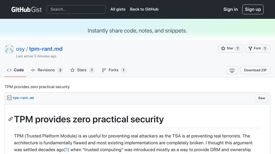 Screenshot of gist.github.com: TPM provides zero practical security