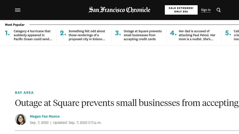 Screenshot of sfchronicle.com: Outage at Square prevents small businesses from accepting credit cards