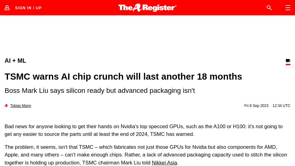 Screenshot of theregister.com: TSMC warns AI chip crunch will last another 18 months
