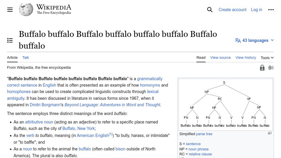Screenshot of en.wikipedia.org: Buffalo buffalo Buffalo buffalo buffalo buffalo Buffalo buffalo